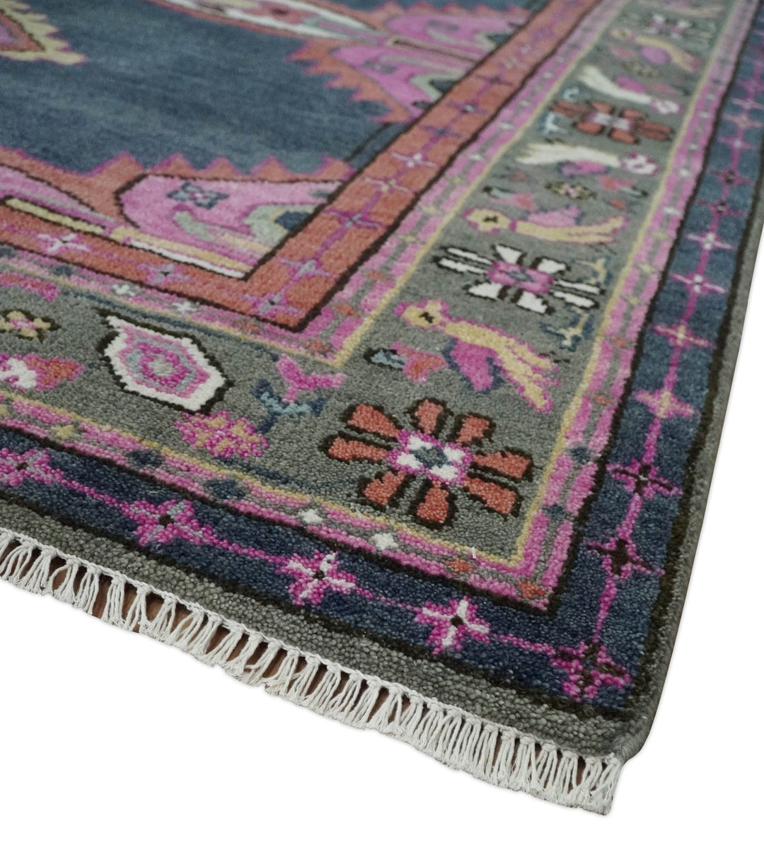 8x10 Hand Knotted Charcoal, Silver and Pink Traditional Wool Area Rug - The Rug Decor