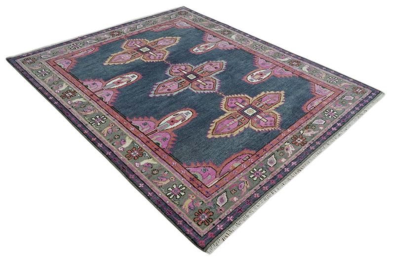 8x10 Hand Knotted Charcoal, Silver and Pink Traditional Wool Area Rug - The Rug Decor