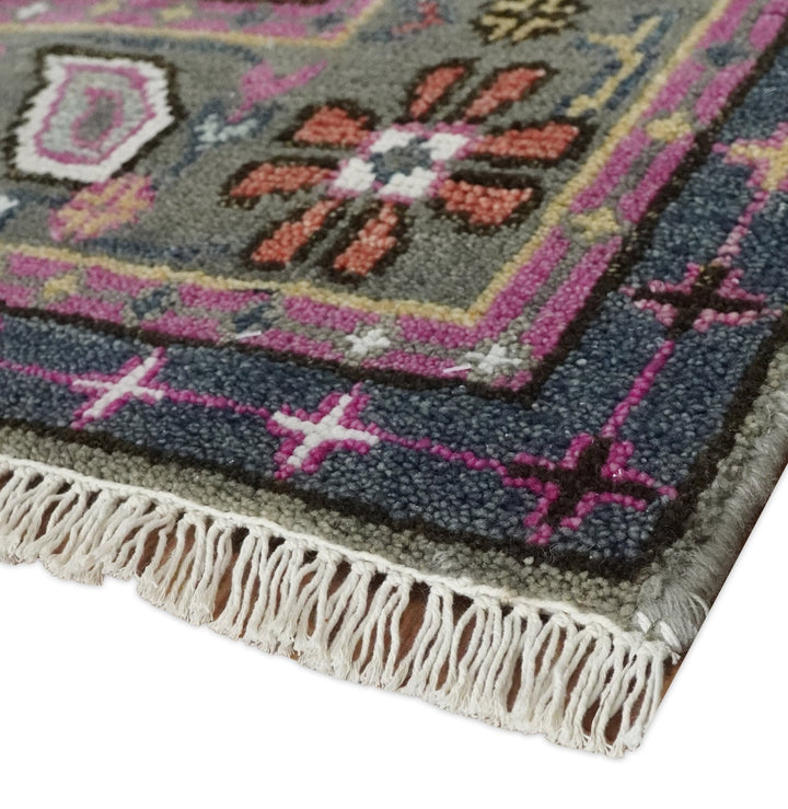 8x10 Hand Knotted Charcoal, Silver and Pink Traditional Wool Area Rug - The Rug Decor