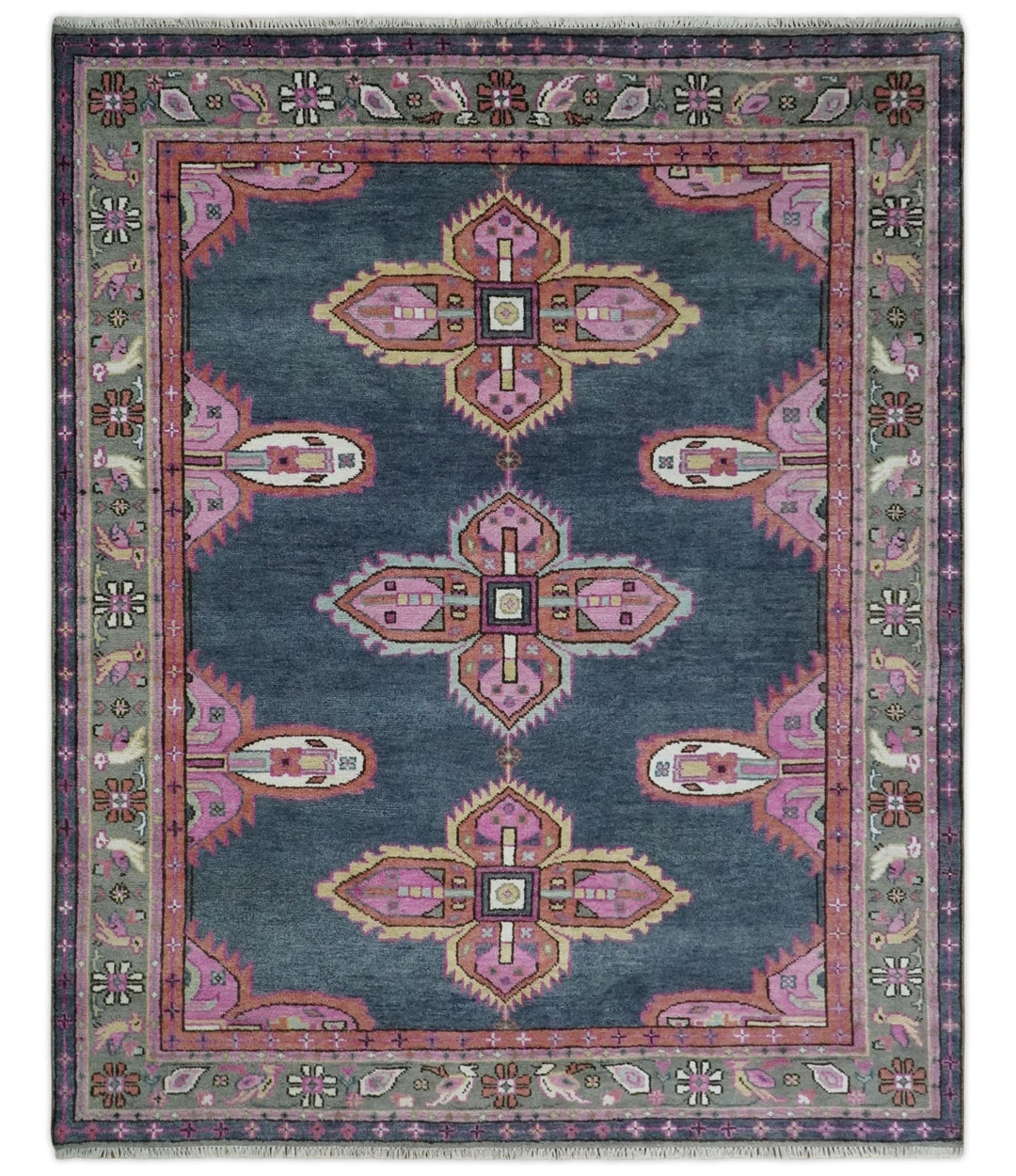 8x10 Hand Knotted Charcoal, Silver and Pink Traditional Wool Area Rug - The Rug Decor