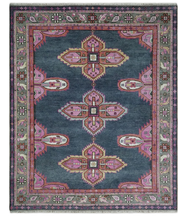 8x10 Hand Knotted Charcoal, Silver and Pink Traditional Wool Area Rug - The Rug Decor