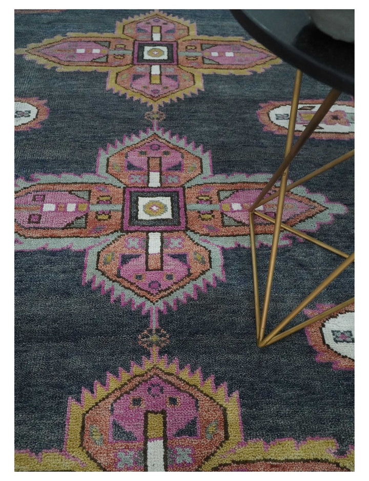 8x10 Hand Knotted Charcoal, Silver and Pink Traditional Wool Area Rug - The Rug Decor