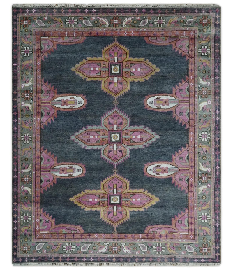 8x10 Hand Knotted Charcoal, Silver and Pink Traditional Wool Area Rug - The Rug Decor