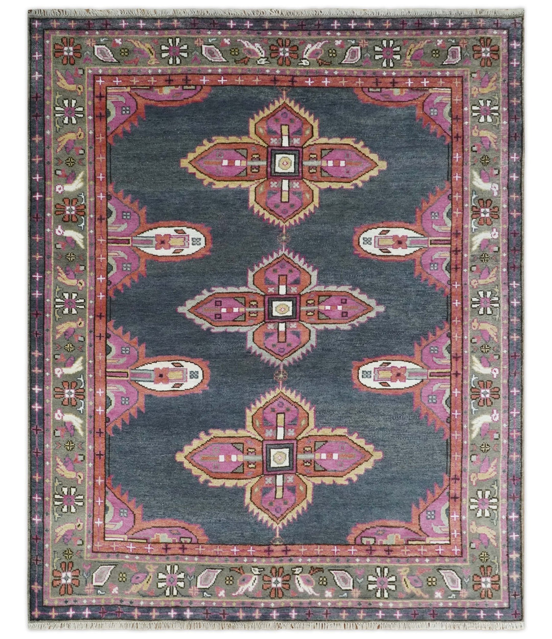 8x10 Hand Knotted Charcoal, Silver and Pink Traditional Wool Area Rug - The Rug Decor