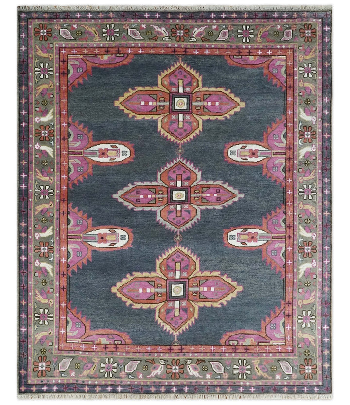 8x10 Hand Knotted Charcoal, Silver and Pink Traditional Wool Area Rug - The Rug Decor