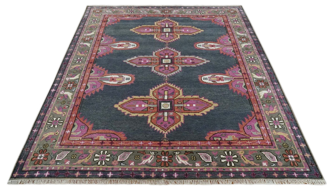 8x10 Hand Knotted Charcoal, Silver and Pink Traditional Wool Area Rug - The Rug Decor