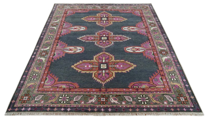 8x10 Hand Knotted Charcoal, Silver and Pink Traditional Wool Area Rug - The Rug Decor