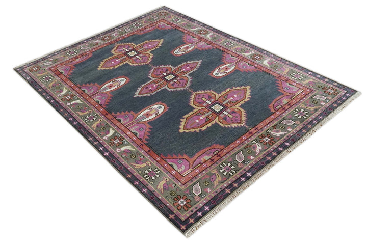 8x10 Hand Knotted Charcoal, Silver and Pink Traditional Wool Area Rug - The Rug Decor