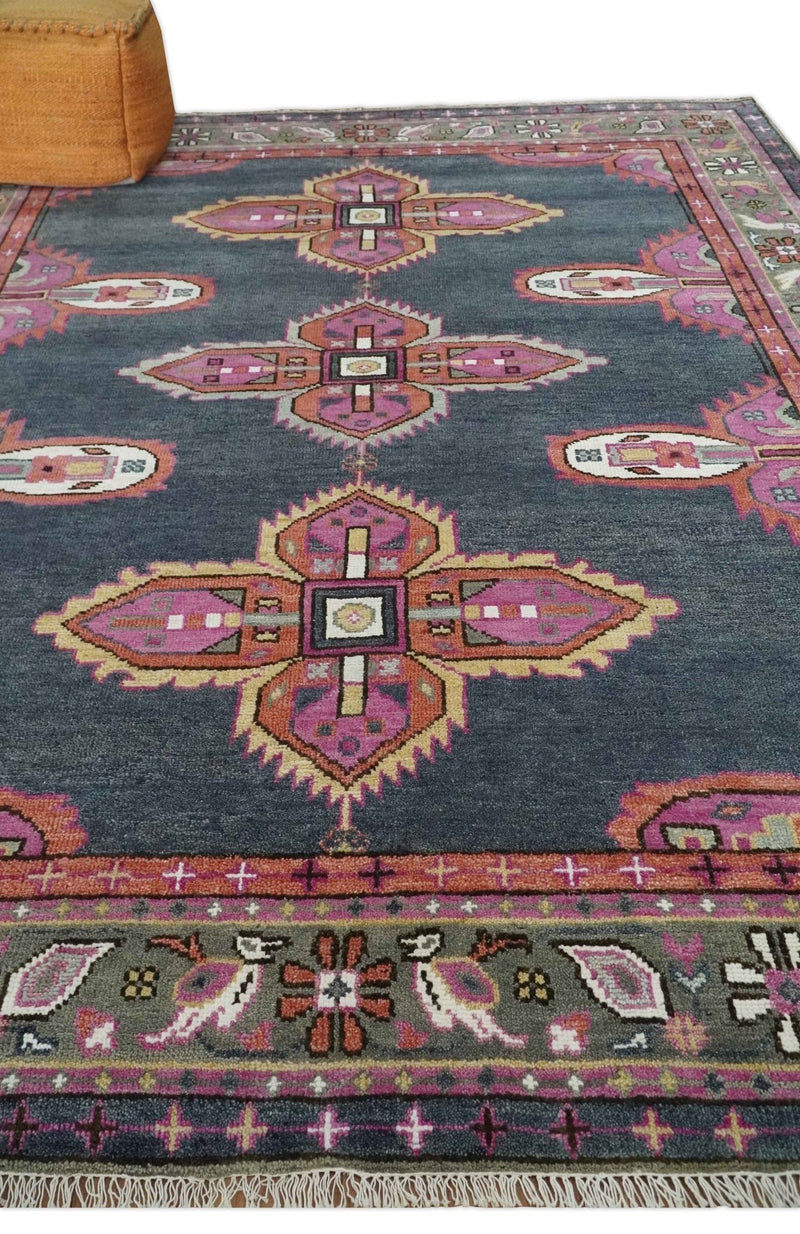 8x10 Hand Knotted Charcoal, Silver and Pink Traditional Wool Area Rug - The Rug Decor