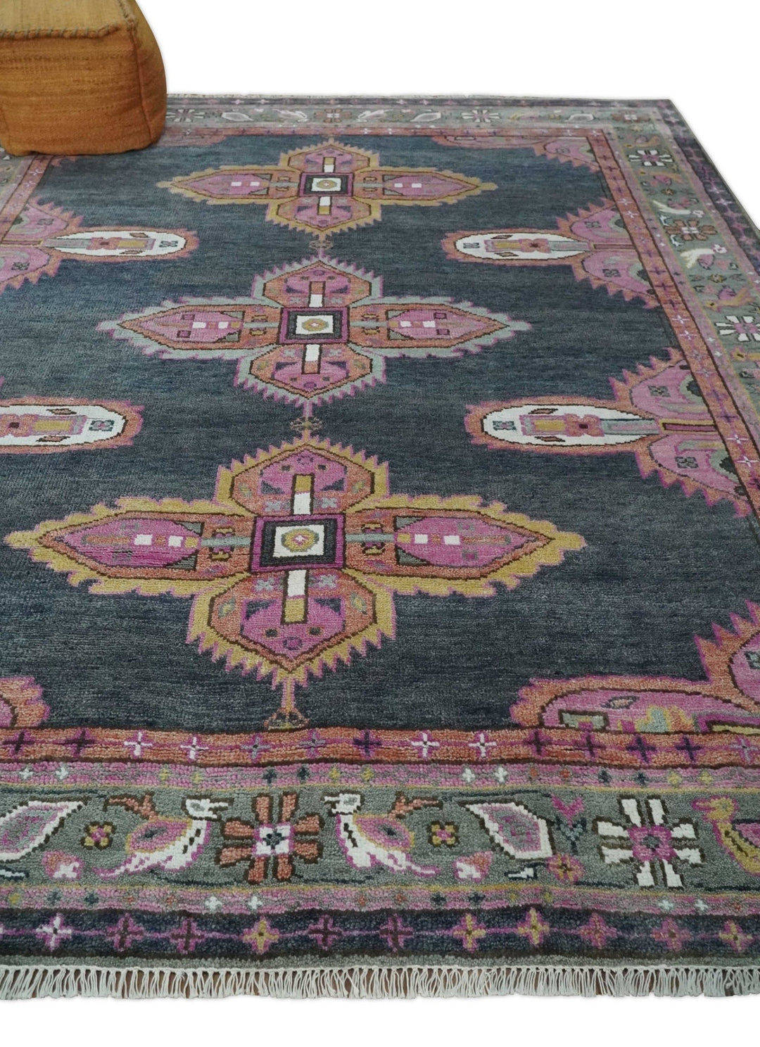 8x10 Hand Knotted Charcoal, Silver and Pink Traditional Wool Area Rug - The Rug Decor