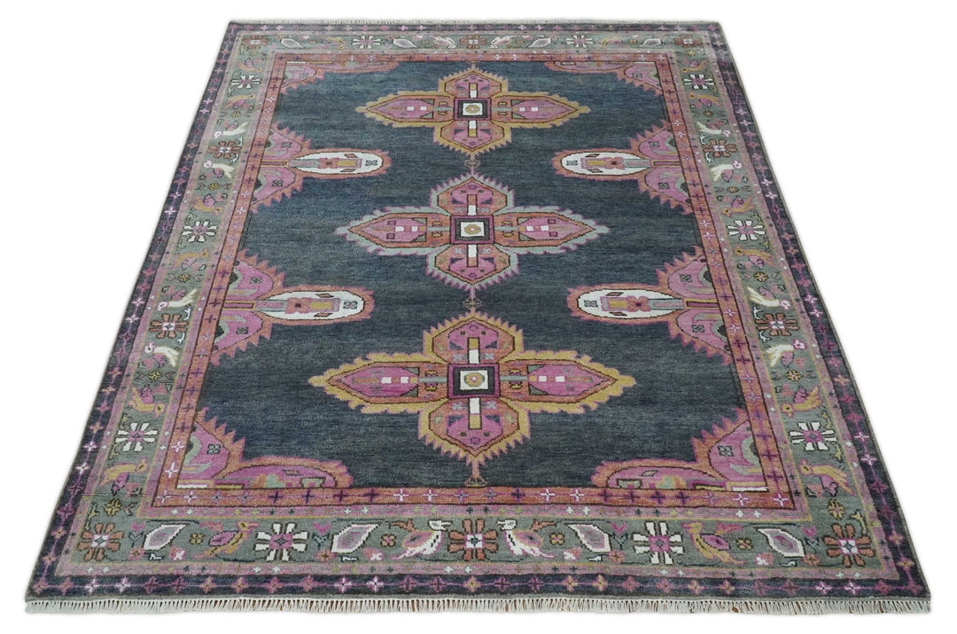 8x10 Hand Knotted Charcoal, Silver and Pink Traditional Wool Area Rug - The Rug Decor