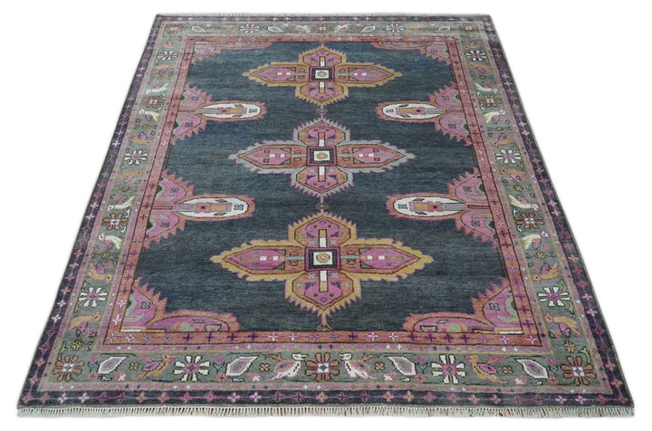 8x10 Hand Knotted Charcoal, Silver and Pink Traditional Wool Area Rug - The Rug Decor