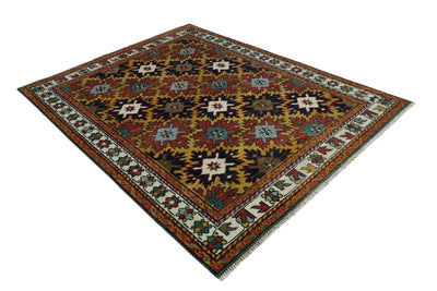 8x10 Hand Knotted Geometrical Rust, Black and Gold Floral Area Rug | TRDCP1368810 - The Rug Decor