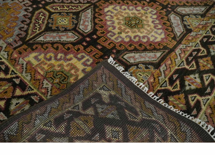 8x10 Hand Knotted Gold, Black and Brown Oriental Traditional Wool Area Rug - The Rug Decor