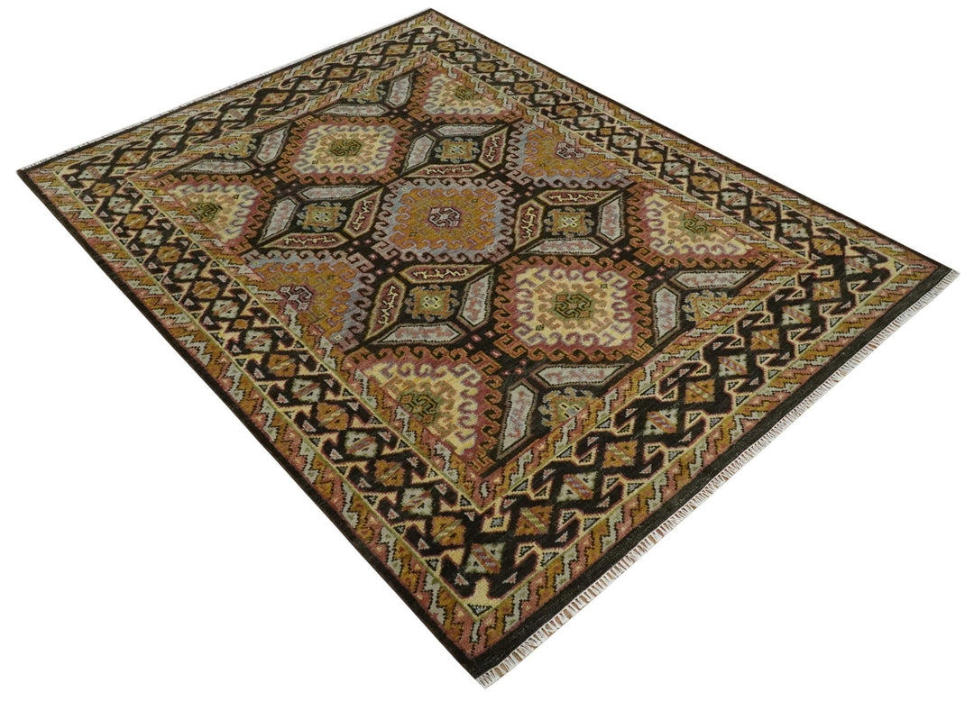 8x10 Hand Knotted Gold, Black and Brown Oriental Traditional Wool Area Rug - The Rug Decor