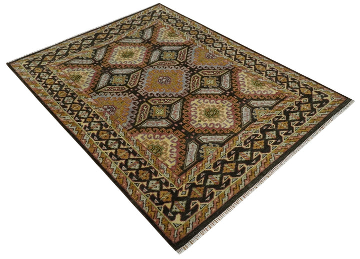 8x10 Hand Knotted Gold, Black and Brown Oriental Traditional Wool Area Rug - The Rug Decor