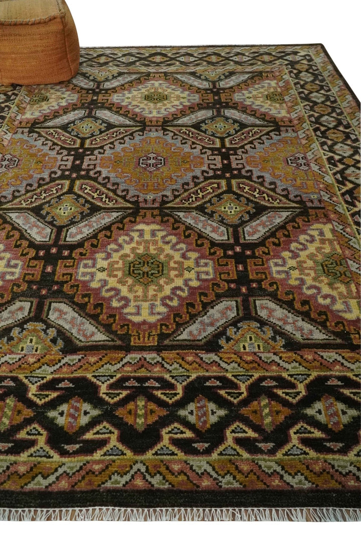 8x10 Hand Knotted Gold, Black and Brown Oriental Traditional Wool Area Rug - The Rug Decor