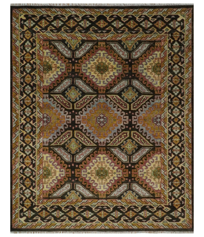 8x10 Hand Knotted Gold, Black and Brown Oriental Traditional Wool Area Rug - The Rug Decor