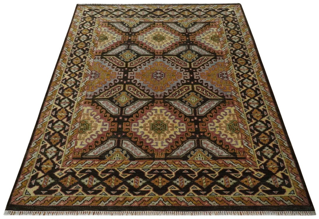 8x10 Hand Knotted Gold, Black and Brown Oriental Traditional Wool Area Rug - The Rug Decor