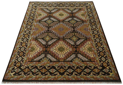 8x10 Hand Knotted Gold, Black and Brown Oriental Traditional Wool Area Rug - The Rug Decor
