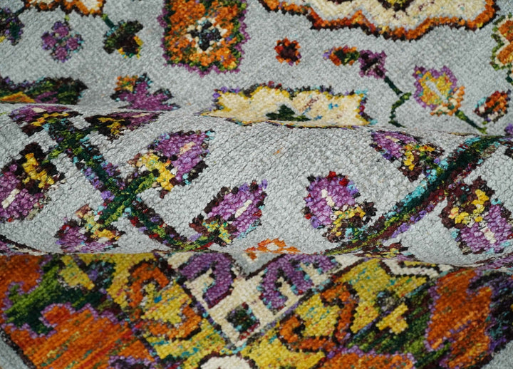 8x10 Hand Knotted Gold, Rust and Blue Persian Oushak made of Recycled Silk Area Rug | OP7 - The Rug Decor