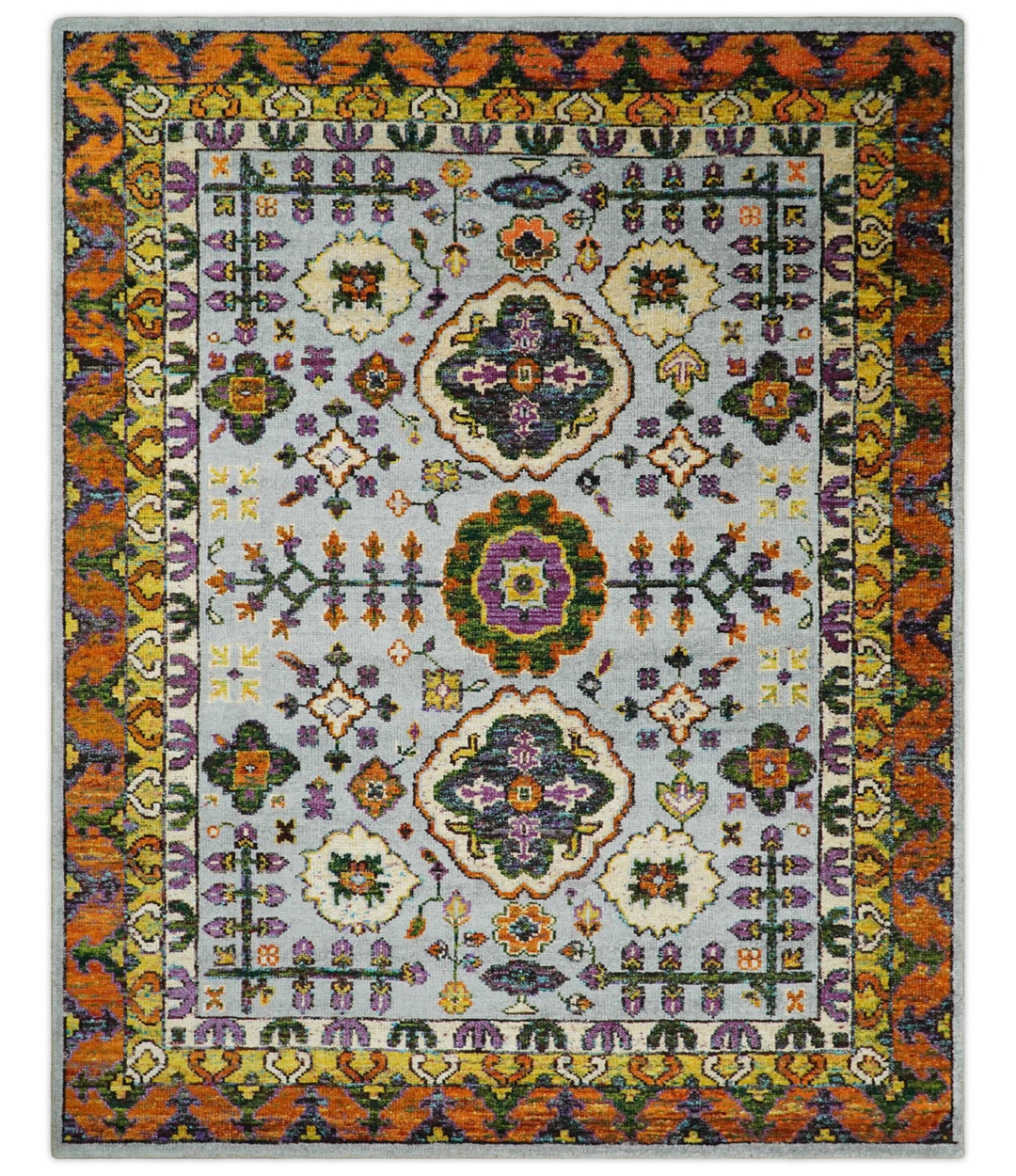 8x10 Hand Knotted Gold, Rust and Blue Persian Oushak made of Recycled Silk Area Rug | OP7 - The Rug Decor