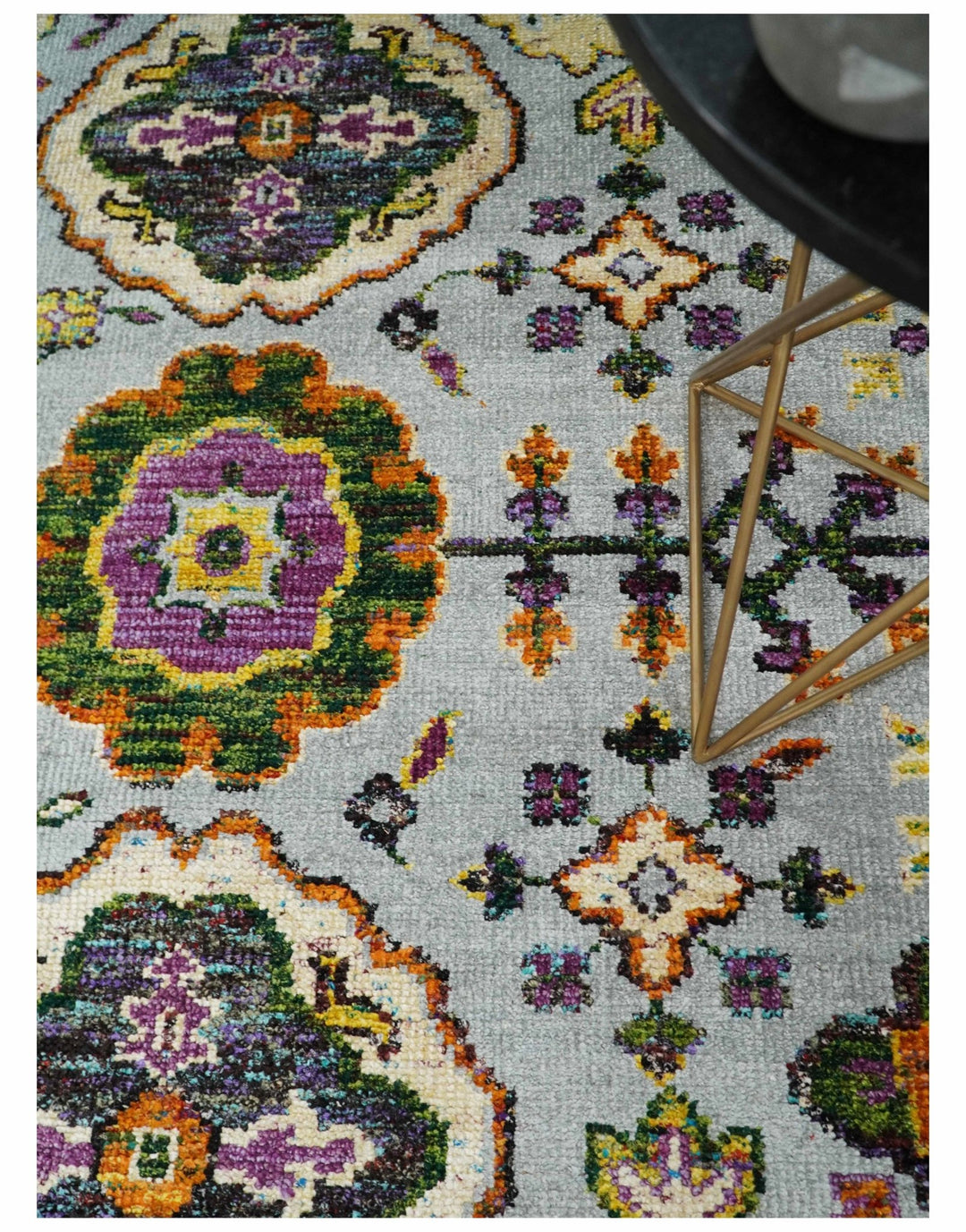 8x10 Hand Knotted Gold, Rust and Blue Persian Oushak made of Recycled Silk Area Rug | OP7 - The Rug Decor