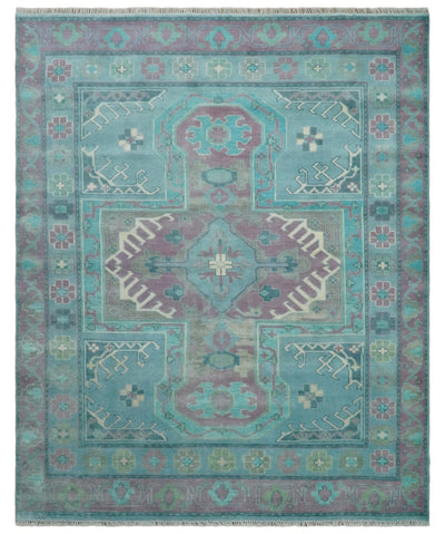 8x10 Hand Knotted Heriz Serapi Aqua, Pink and Ivory Floral Area Rug | TRDCP1369810 - The Rug Decor