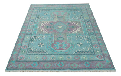 8x10 Hand Knotted Heriz Serapi Aqua, Pink and Ivory Floral Area Rug | TRDCP1369810 - The Rug Decor