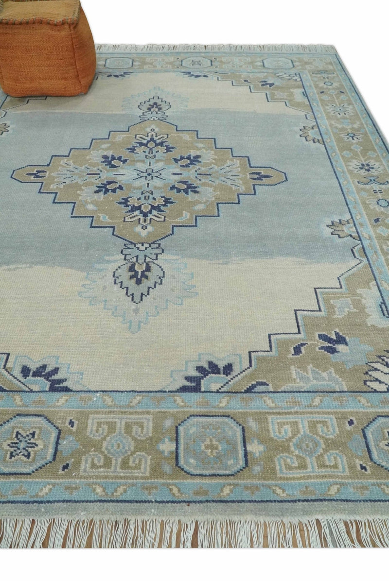 8x10 Hand Knotted Heriz Serapi Blue, Beige and Brown Traditional Antique Persian Area Rug | AC29810 - The Rug Decor