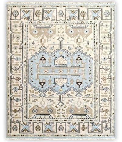 8x10 Hand Knotted Heriz Serapi Ivory and Blue Traditional Antique Persian Area Rug | ART1 - The Rug Decor