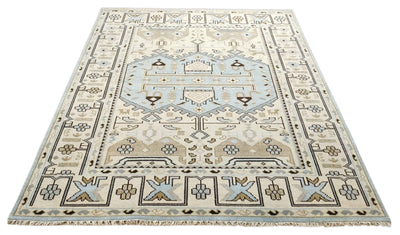 8x10 Hand Knotted Heriz Serapi Ivory and Blue Traditional Antique Persian Area Rug | ART1 - The Rug Decor