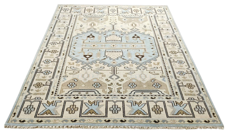 8x10 Hand Knotted Heriz Serapi Ivory and Blue Traditional Antique Persian Area Rug | ART1 - The Rug Decor