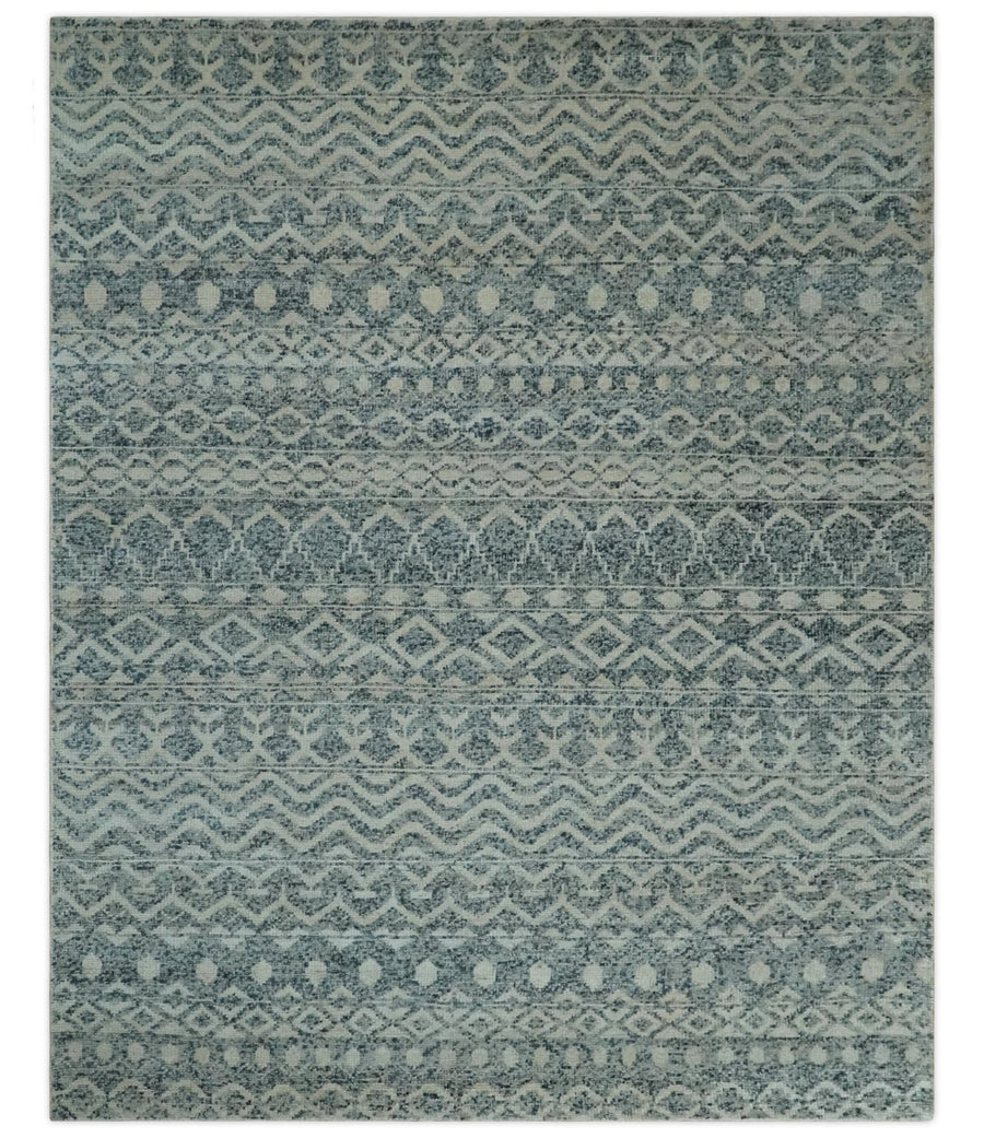 8x10 Hand Knotted Ivory and Blue Modern Contemporary Southwestern Tribal Trellis Recycled Silk Area Rug | OP37 - The Rug Decor