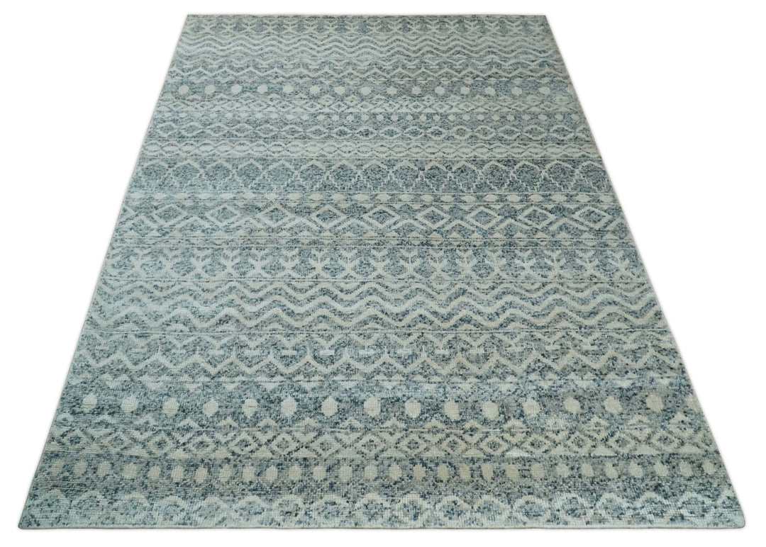 8x10 Hand Knotted Ivory and Blue Modern Contemporary Southwestern Tribal Trellis Recycled Silk Area Rug | OP37 - The Rug Decor