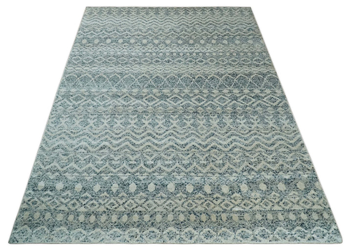 8x10 Hand Knotted Ivory and Blue Modern Contemporary Southwestern Tribal Trellis Recycled Silk Area Rug | OP37 - The Rug Decor