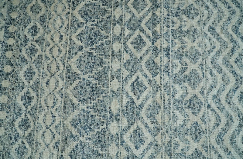 8x10 Hand Knotted Ivory and Blue Modern Contemporary Southwestern Tribal Trellis Recycled Silk Area Rug | OP37 - The Rug Decor