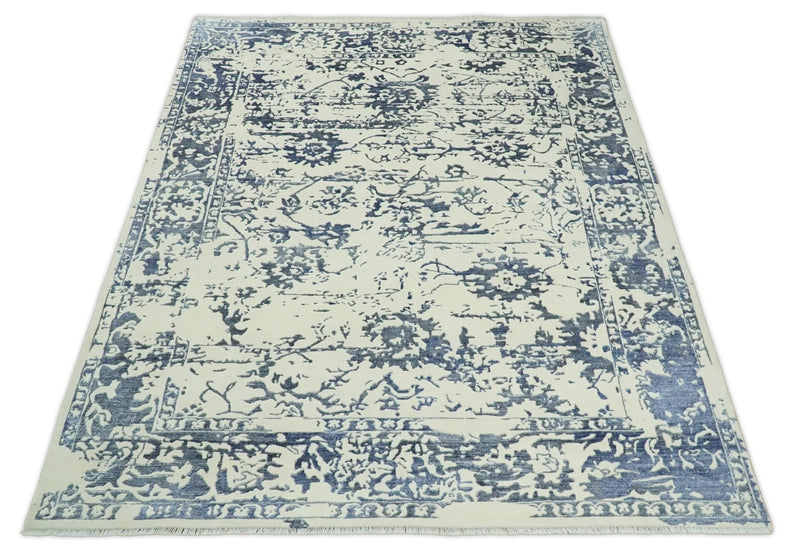 8x10 Hand knotted Ivory and Blue Traditional Abstract Persian Wool and Bamboo Silk Area Rug | TRDCP489810 - The Rug Decor