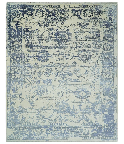 8x10 Hand knotted Ivory and Blue Traditional Abstract Persian Wool and Bamboo Silk Area Rug | TRDCP489810 - The Rug Decor