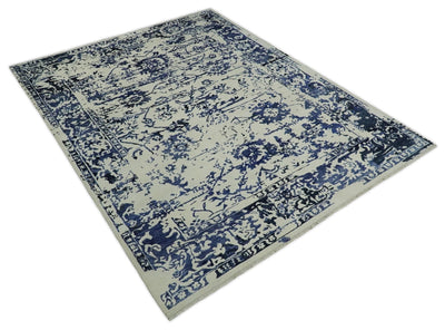 8x10 Hand knotted Ivory and Blue Traditional Abstract Persian Wool and Bamboo Silk Area Rug | TRDCP512810 - The Rug Decor