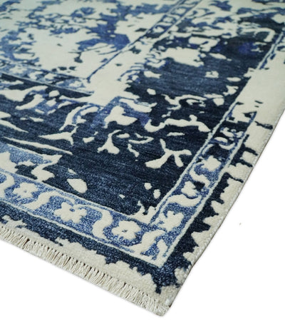 8x10 Hand knotted Ivory and Blue Traditional Abstract Persian Wool and Bamboo Silk Area Rug | TRDCP512810 - The Rug Decor