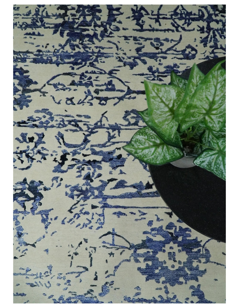 8x10 Hand knotted Ivory and Blue Traditional Abstract Persian Wool and Bamboo Silk Area Rug | TRDCP512810 - The Rug Decor