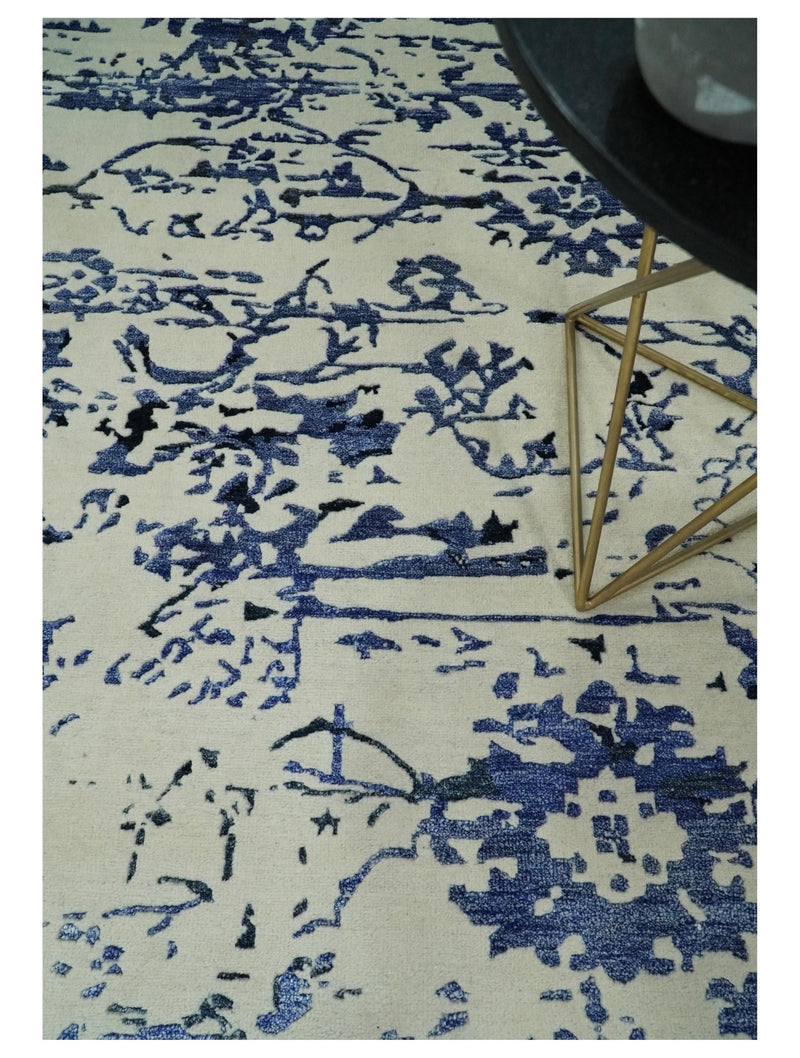 8x10 Hand knotted Ivory and Blue Traditional Abstract Persian Wool and Bamboo Silk Area Rug | TRDCP512810 - The Rug Decor