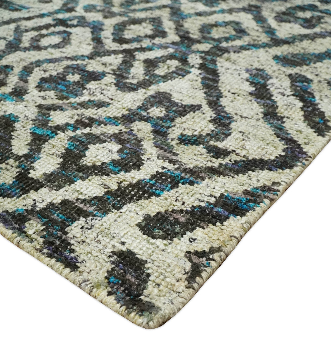 8x10 Hand Knotted Ivory and Charcoal Modern Tribal Style Contemporary Recycled Silk Area Rug | OP49 - The Rug Decor