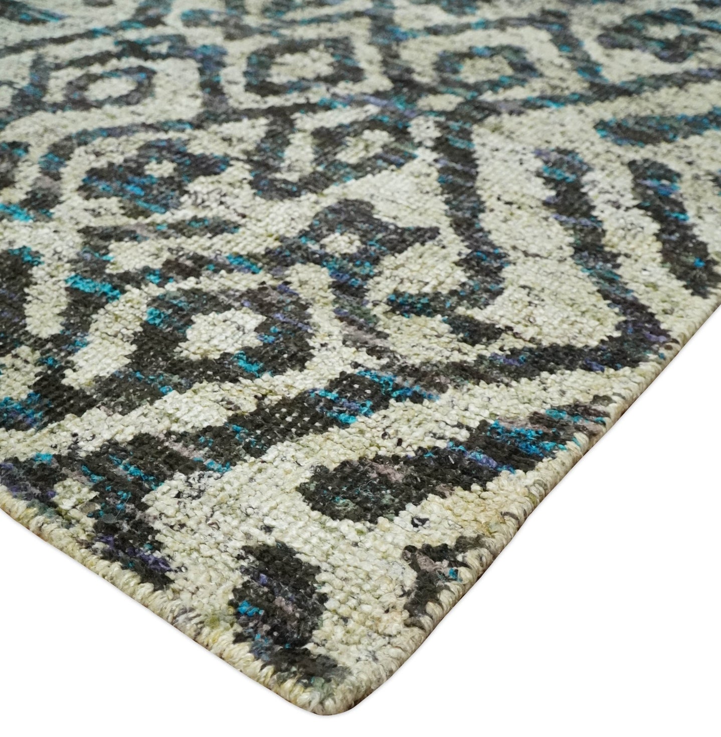 8x10 Hand Knotted Ivory and Charcoal Modern Tribal Style Contemporary Recycled Silk Area Rug | OP49 - The Rug Decor