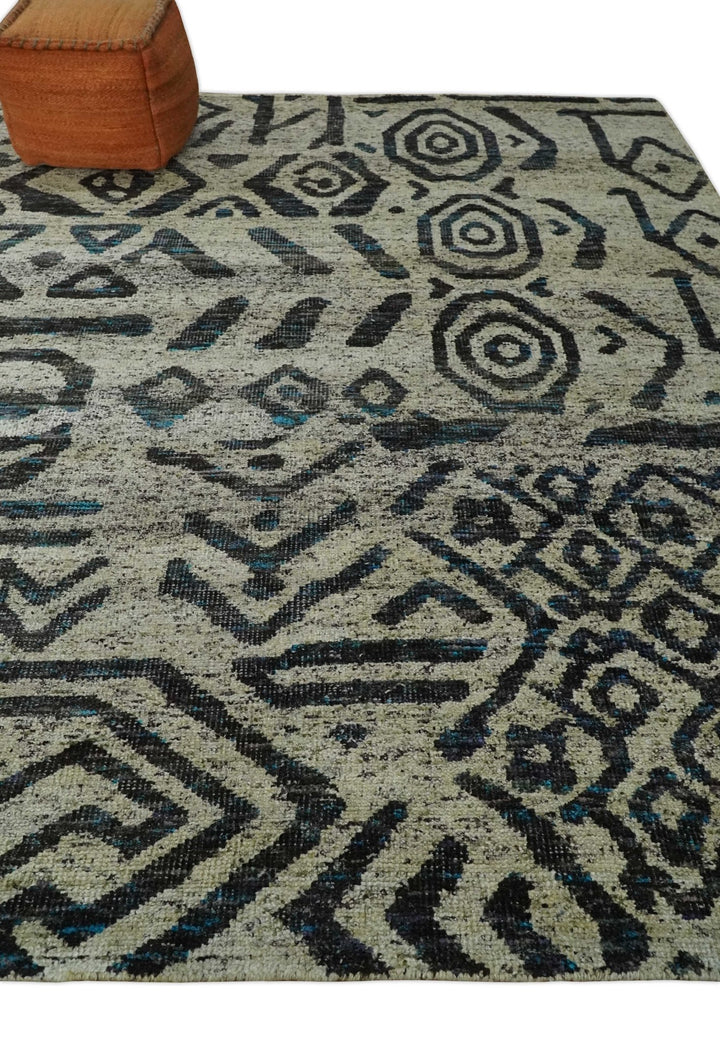 8x10 Hand Knotted Ivory and Charcoal Modern Tribal Style Contemporary Recycled Silk Area Rug | OP49 - The Rug Decor