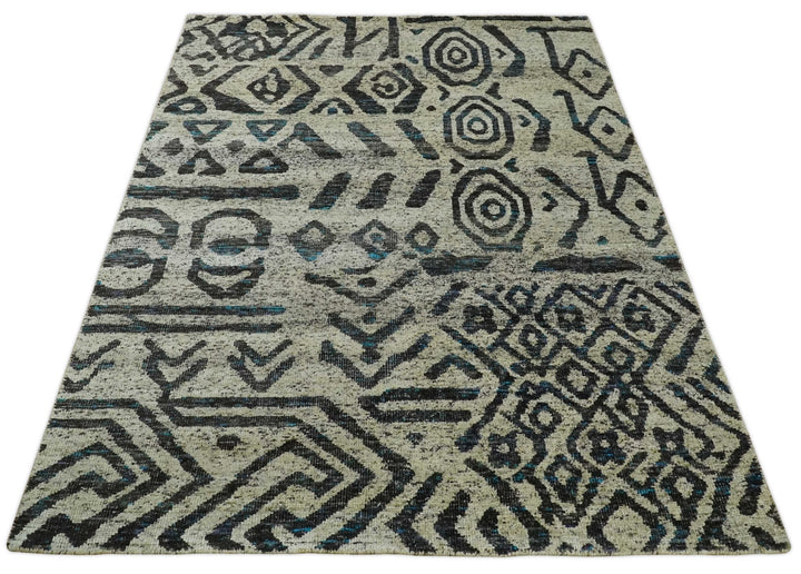 8x10 Hand Knotted Ivory and Charcoal Modern Tribal Style Contemporary Recycled Silk Area Rug | OP49 - The Rug Decor