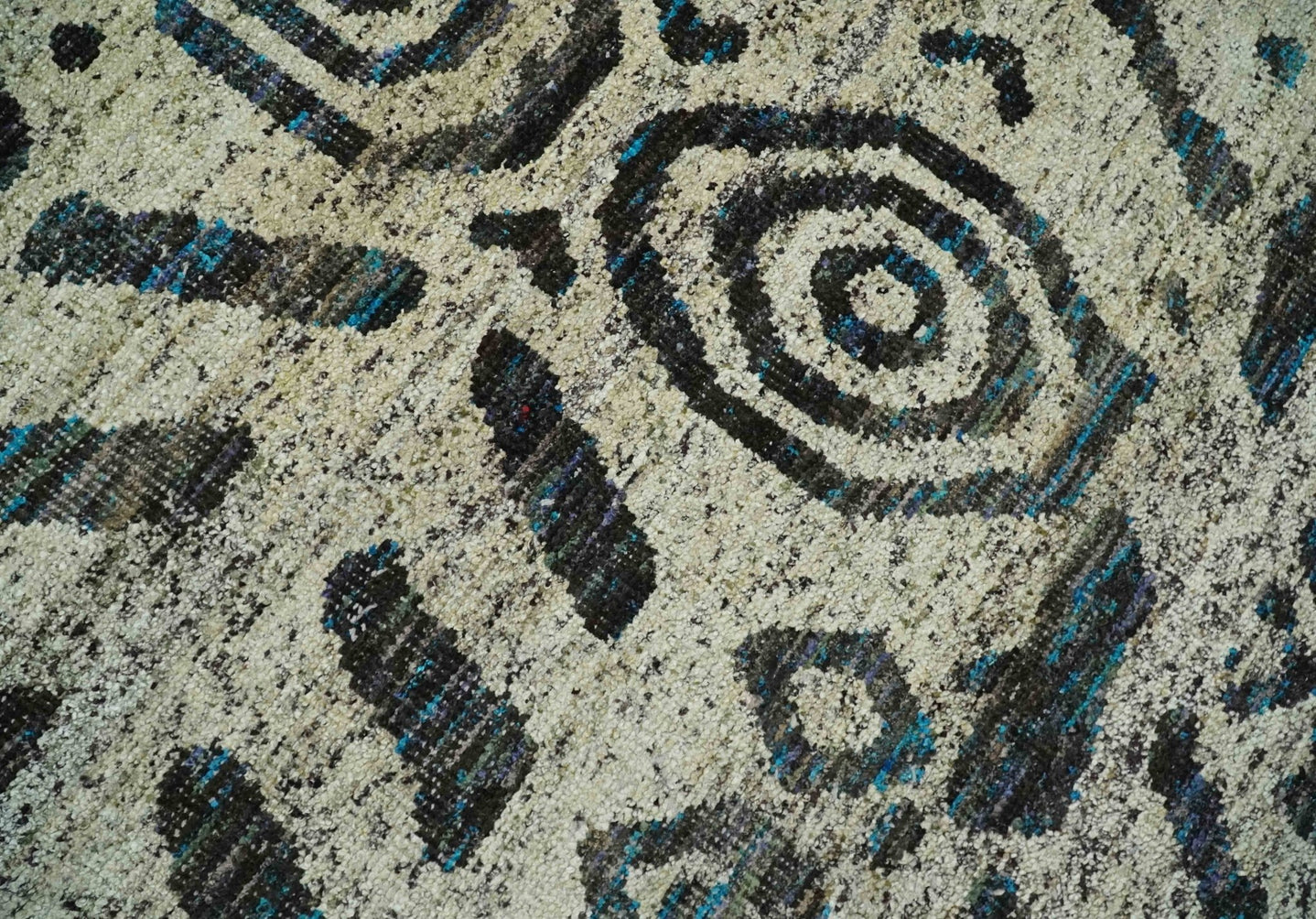 8x10 Hand Knotted Ivory and Charcoal Modern Tribal Style Contemporary Recycled Silk Area Rug | OP49 - The Rug Decor