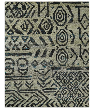 8x10 Hand Knotted Ivory and Charcoal Modern Tribal Style Contemporary Recycled Silk Area Rug | OP49 - The Rug Decor