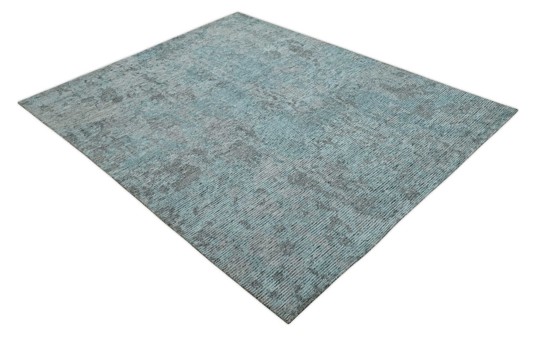 8x10 hand knotted Ivory, Aqua and Charcoal Modern Abstract Wool and Bamboo Silk Area Rug - The Rug Decor
